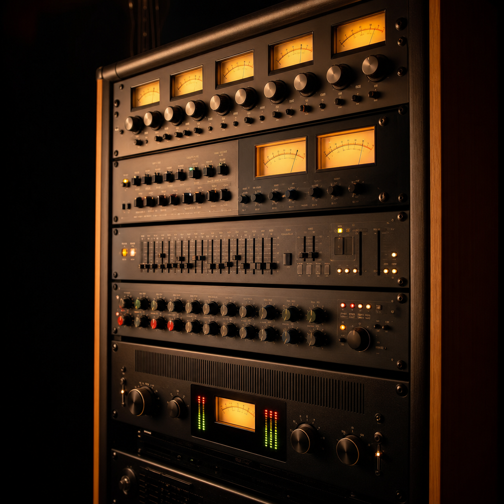 Professional outboard audio gear rack with illuminated meters
