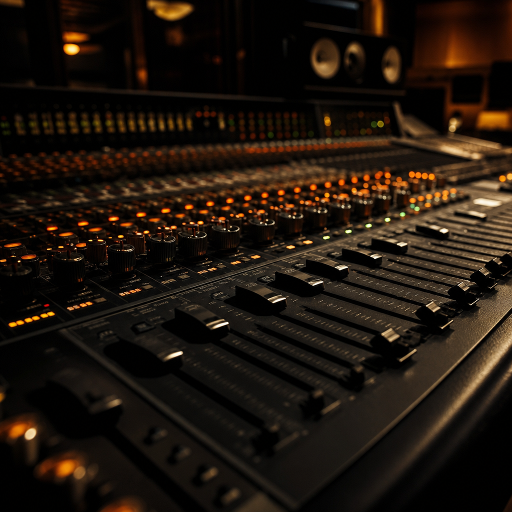 Professional audio mixing console glowing in a darkened studio